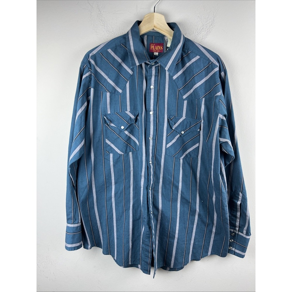 Ely Plain Men's Large Green Stripe Pearl Snap Double Pocket Shirt
